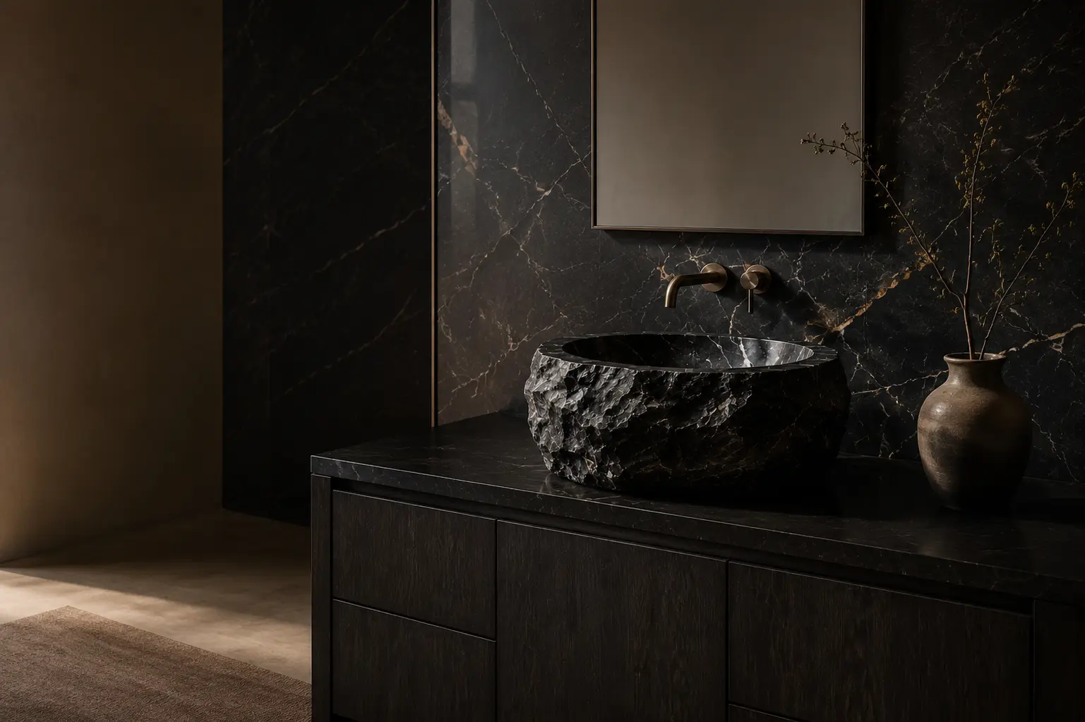 Dark custom vanity in an architectural interior